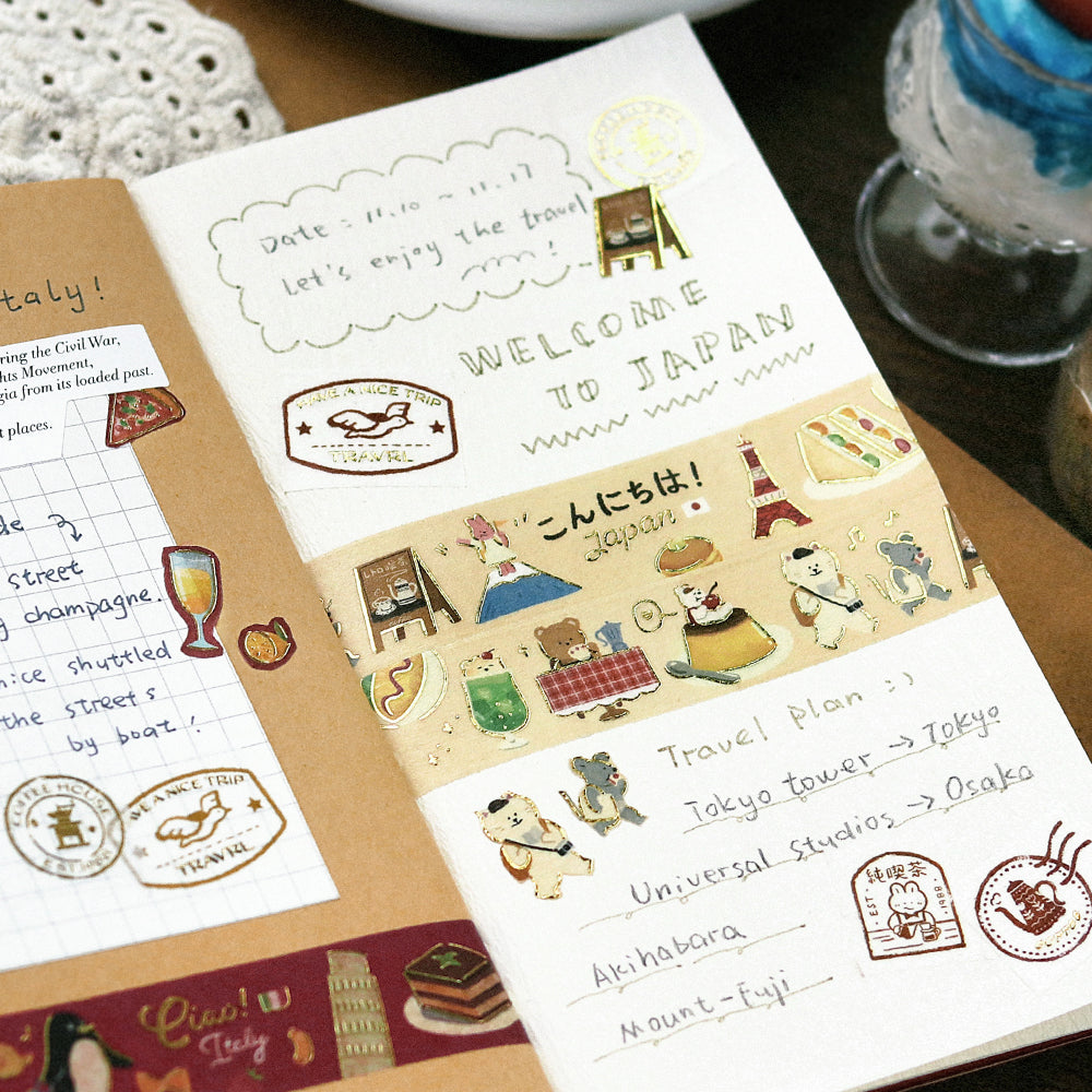 BGM Foil Stamping Masking Tape: World Cafe Travel in Japan — BGM washi tape — decorative Japanese paper tape for journaling and craft, at Cityluxe Singapore