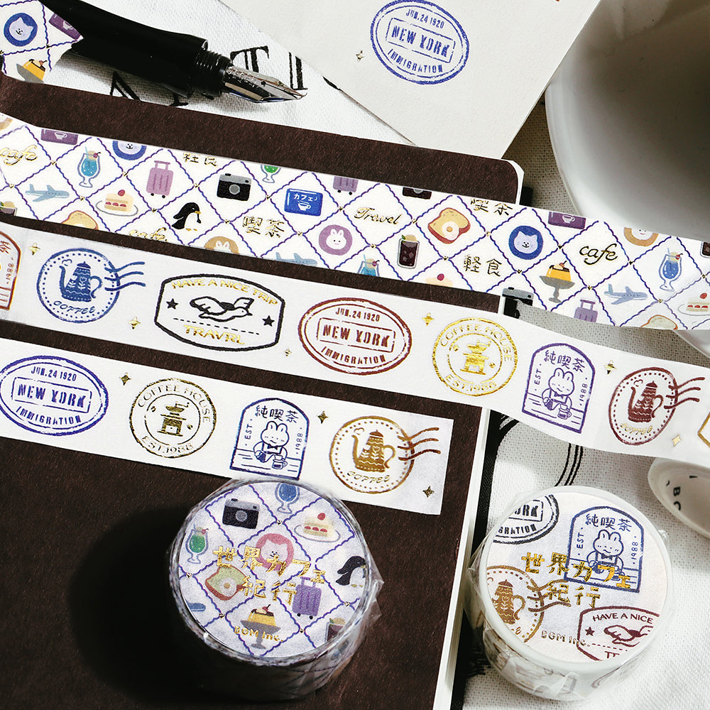BGM Foil Stamping Masking Tape: World Cafe Travel in Mini Stamps — BGM washi tape — decorative Japanese paper tape for journaling and craft, at Cityluxe Singapore