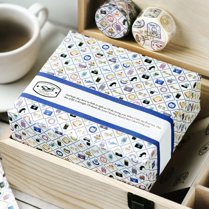BGM Foil Stamping Masking Tape: World Cafe Travel in Mini Stamps — BGM washi tape — decorative Japanese paper tape for journaling and craft, at Cityluxe Singapore