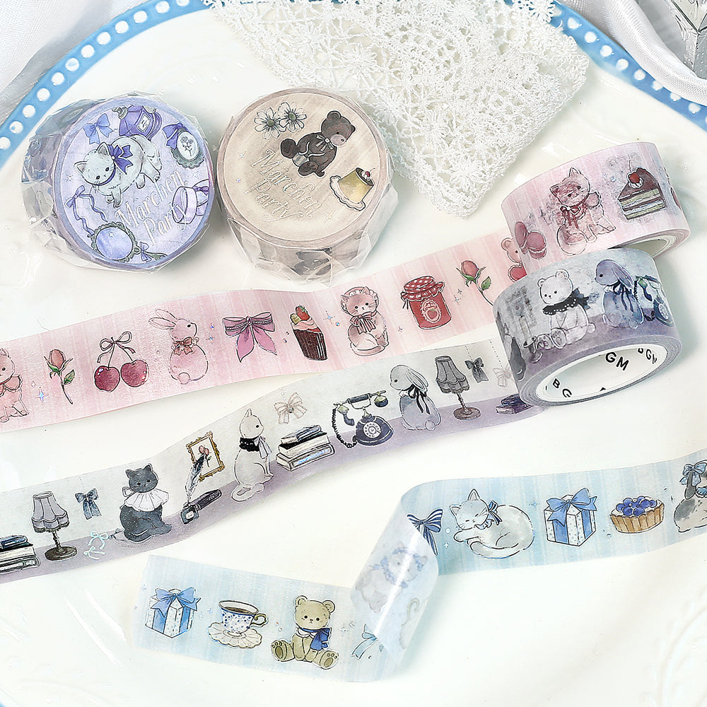BGM Foil Stamping Masking Tape: Fairy Tale Party in Silver Gray — BGM washi tape — decorative Japanese paper tape for journaling and craft, at Cityluxe Singapore
