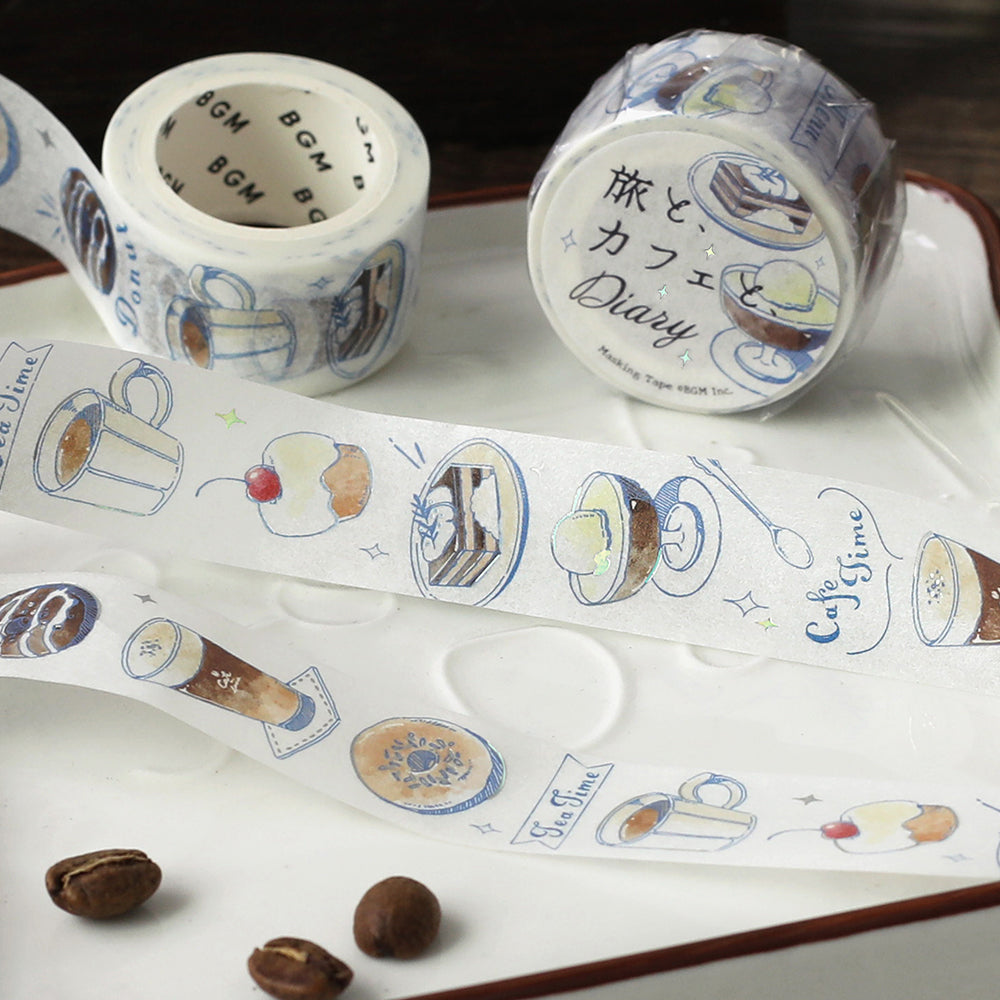 BGM Foil Stamping Masking Tape: Travel, Cafe, and Diary - Mocha — flat lay