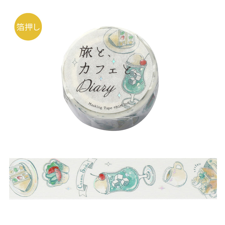 BGM Foil Stamping Masking Tape: Travel, Cafe, and Diary - Mint — roll front