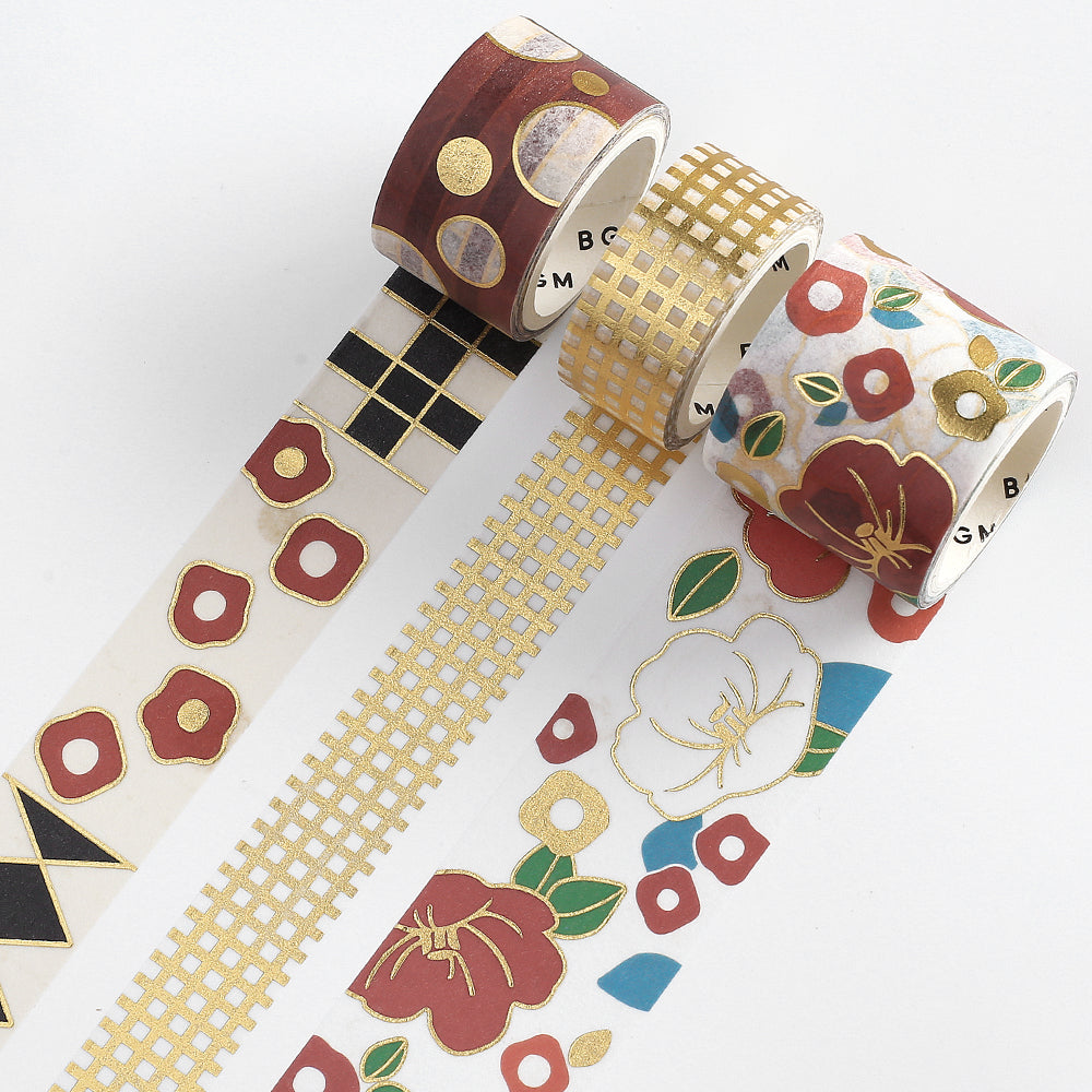 BGM Foil Stamping Masking Tape: The Color of Kimono in Camellia — BGM washi tape — decorative Japanese paper tape for journaling and craft, at Cityluxe Singapore