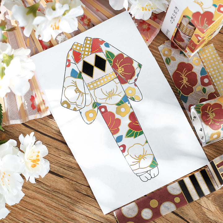 BGM Foil Stamping Masking Tape: The Color of Kimono in Camellia — BGM washi tape — decorative Japanese paper tape for journaling and craft, at Cityluxe Singapore