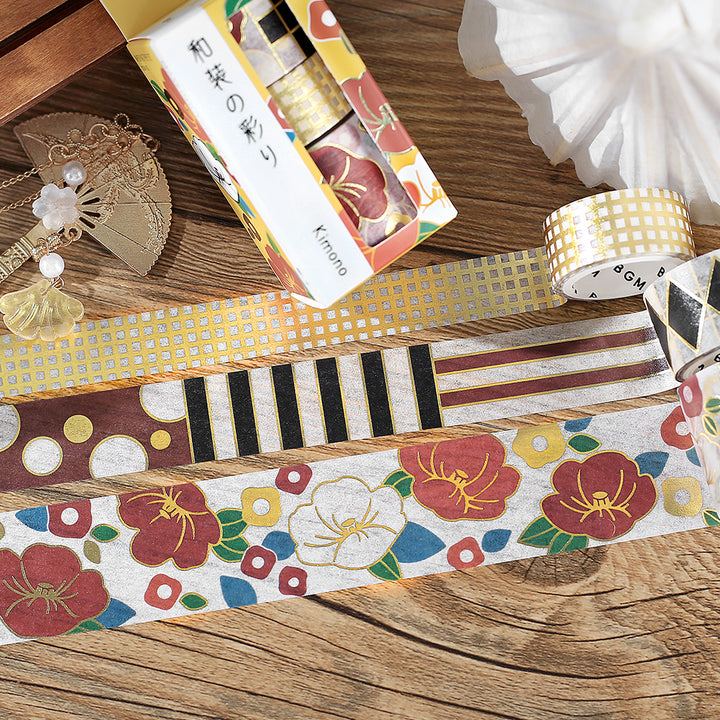 BGM Foil Stamping Masking Tape: The Color of Kimono in Camellia — BGM washi tape — decorative Japanese paper tape for journaling and craft, at Cityluxe Singapore