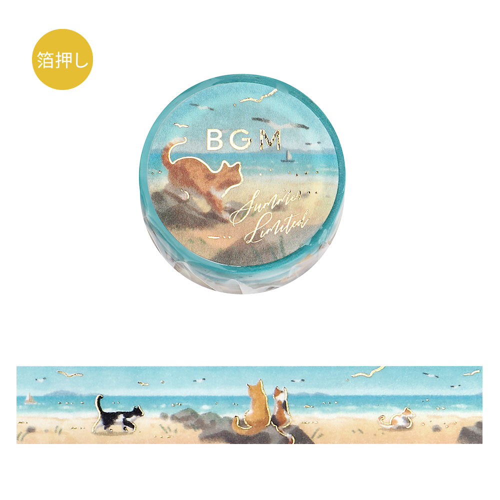 BGM Summer Limited Masking Tape in Coastal Strolling Cats — BGM washi tape — decorative Japanese paper tape for journaling and craft, at Cityluxe Singapore