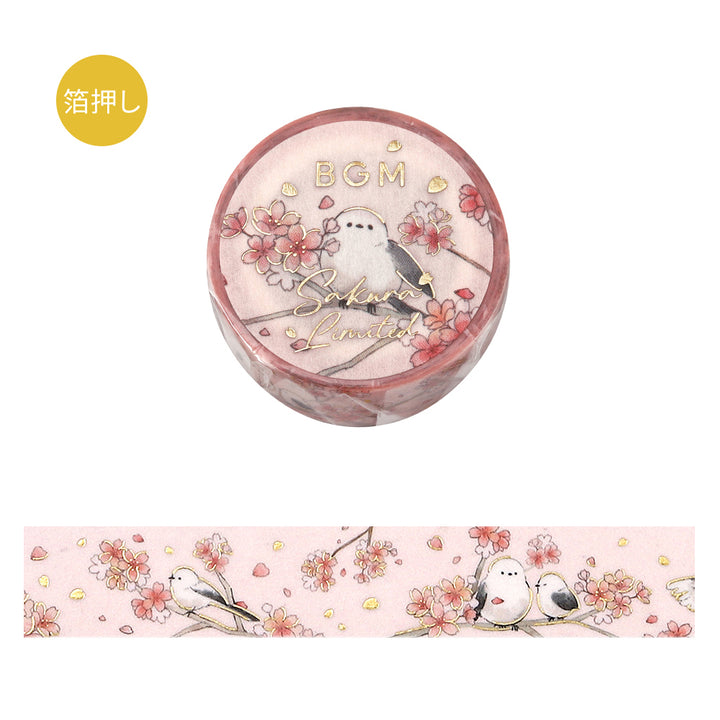 BGM Sakura Limited Masking Tape: Cherry Blossoms and Long-tailed Tits — roll front