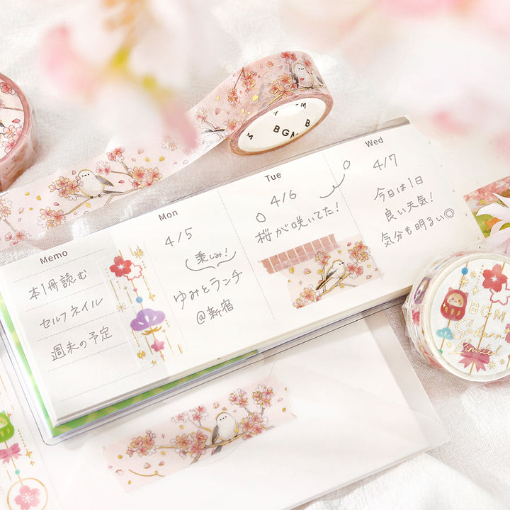 BGM Sakura Limited Masking Tape: Cherry Blossoms and Long-tailed Tits — with packaging