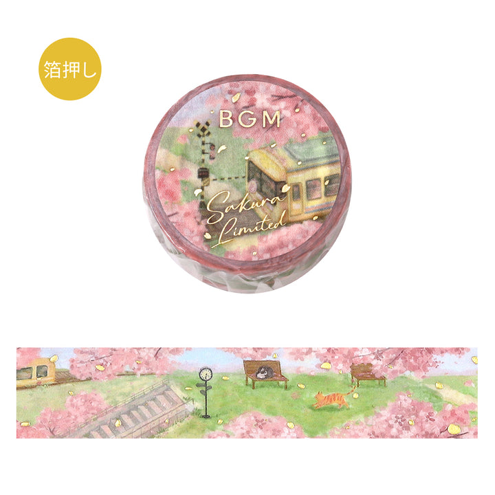 BGM Sakura Limited Masking Tape: Cherry Blossom-Lined Train Street — roll front
