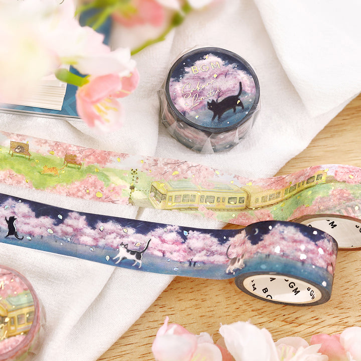 BGM Sakura Limited Masking Tape: Cherry Blossom-Lined Train Street — applied on surface