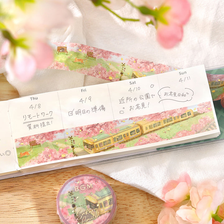 BGM Sakura Limited Masking Tape: Cherry Blossom-Lined Train Street — with packaging