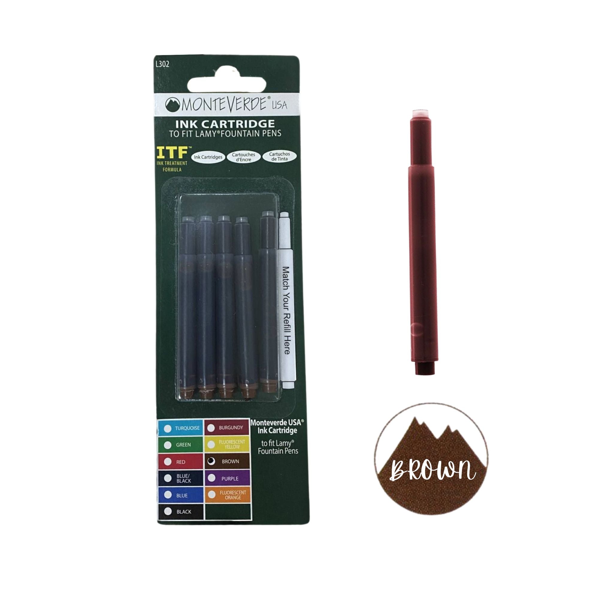 Monteverde Ink Cartridge for Lamy Fountain Pens, Brown, (L302Bn)