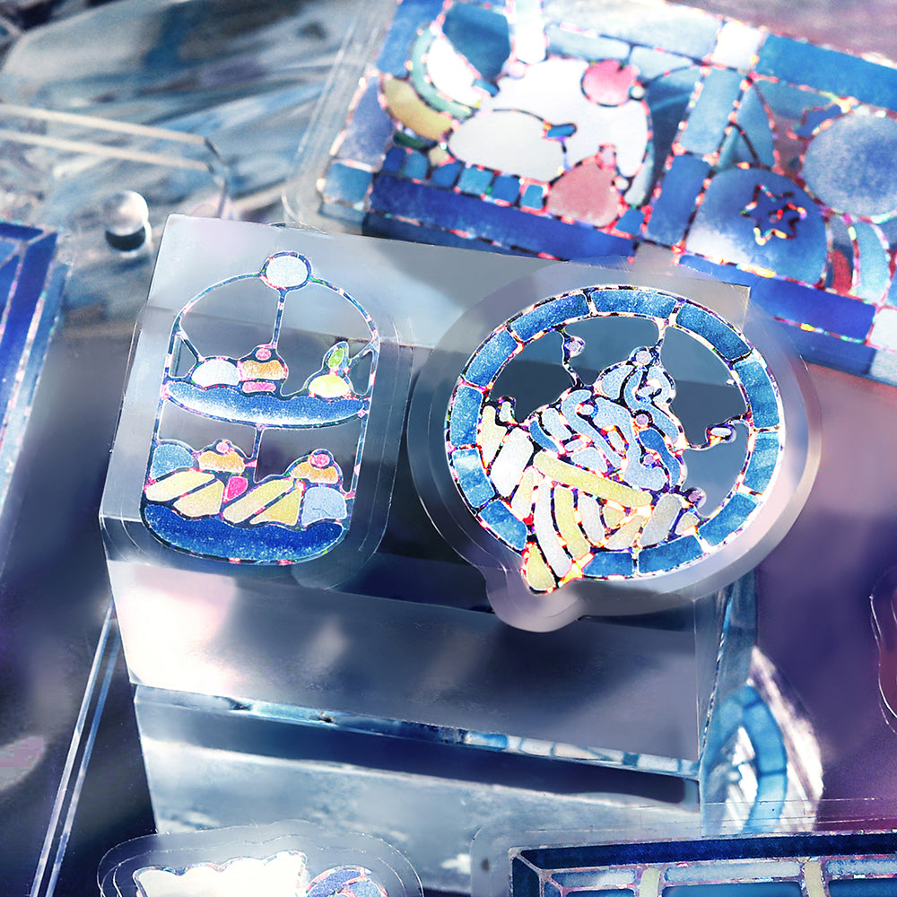 BGM Foil Stamping Clear Seal: Cafe A La Mode Stained Glass in Blue — BGM decorative sticker — for journaling, planners and scrapbooking, at Cityluxe Singapore