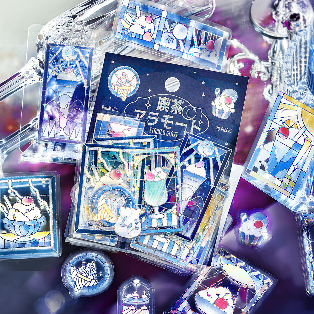BGM Foil Stamping Clear Seal: Cafe A La Mode Stained Glass in Blue — BGM decorative sticker — for journaling, planners and scrapbooking, at Cityluxe Singapore
