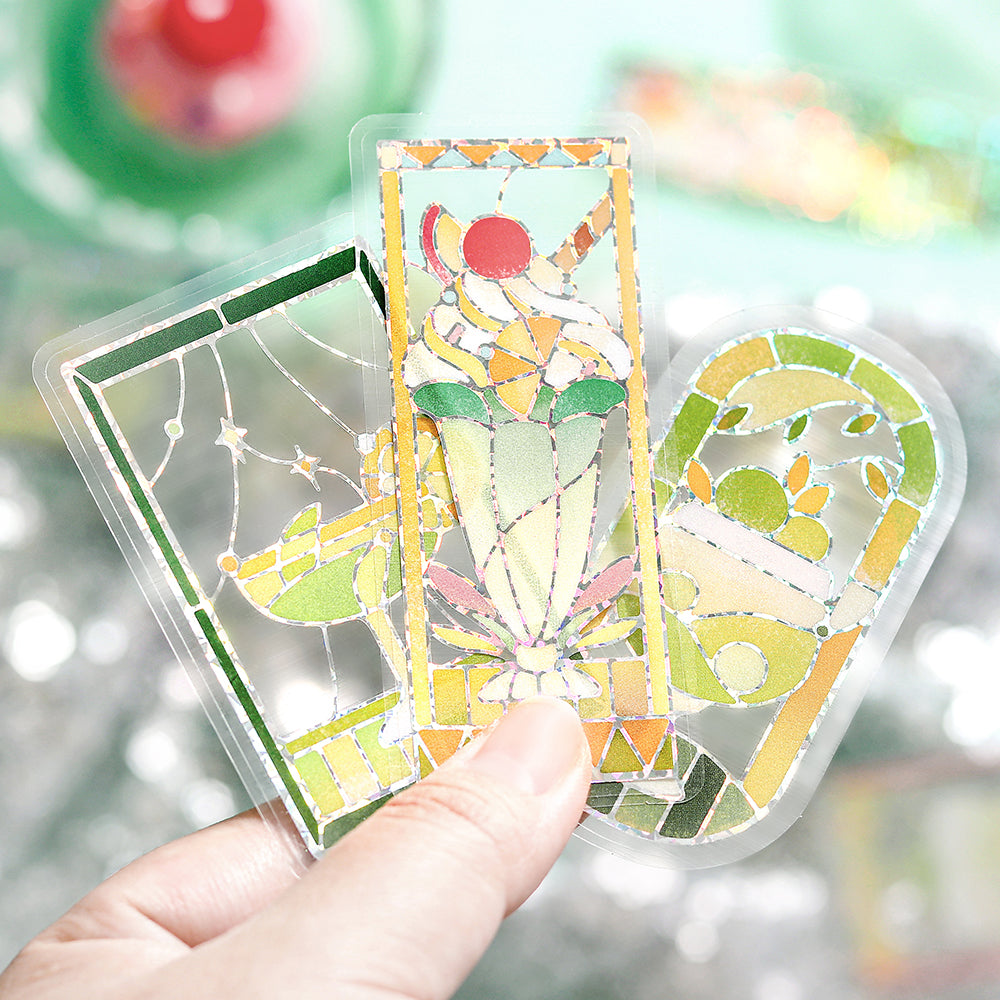 BGM Foil Stamping Clear Seal: Cafe A La Mode Stained Glass in Green — BGM decorative sticker — for journaling, planners and scrapbooking, at Cityluxe Singapore
