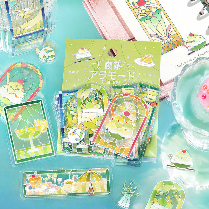 BGM Foil Stamping Clear Seal: Cafe A La Mode Stained Glass in Green — BGM decorative sticker — for journaling, planners and scrapbooking, at Cityluxe Singapore