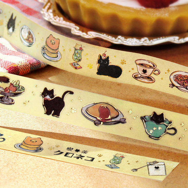 BGM Foil Stamping Masking Tape in Black Cat Cafe — BGM washi tape — decorative Japanese paper tape for journaling and craft, at Cityluxe Singapore