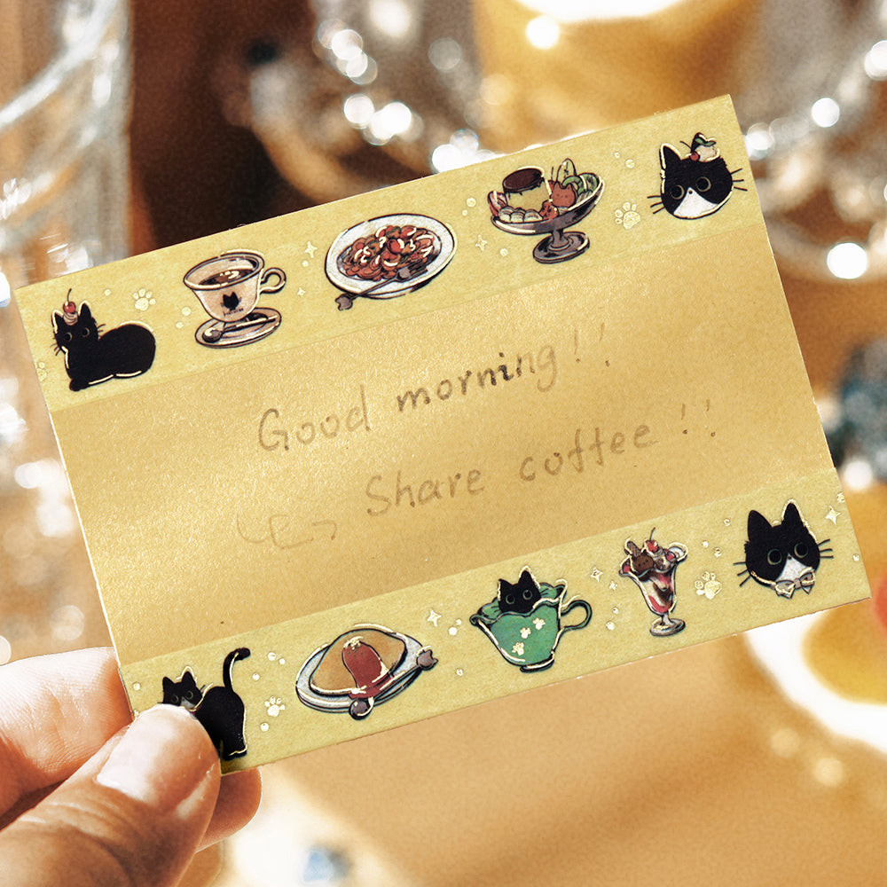 BGM Foil Stamping Masking Tape in Black Cat Cafe — BGM washi tape — decorative Japanese paper tape for journaling and craft, at Cityluxe Singapore
