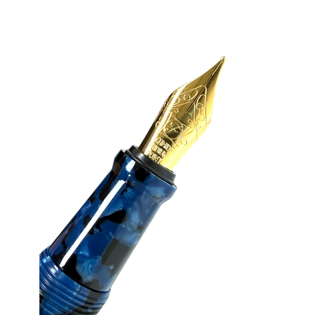 Onishi Hand Made POCKET Fountain Pen (NEW!) - Blue Marble — uncapped with cap posted