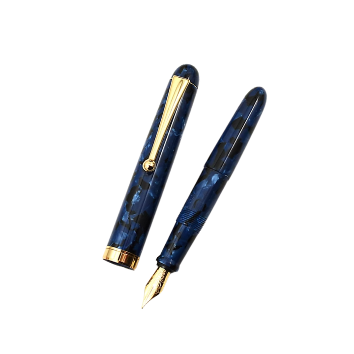 Onishi Hand Made POCKET Fountain Pen with CLIP - Blue Marble — uncapped with cap posted