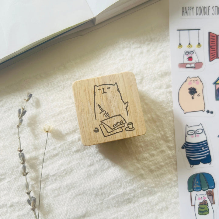 Catdoo Rubber Stamp in Cat Writing Memo — Catdoo rubber stamp — decorative stamp for journaling and paper craft, at Cityluxe Singapore