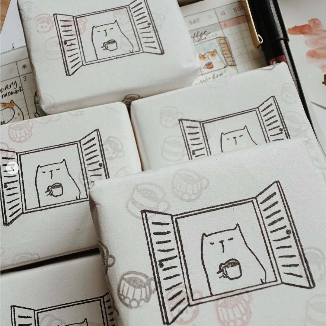 Catdoo Rubber Stamp in Coffee by the Window — Catdoo rubber stamp — decorative stamp for journaling and paper craft, at Cityluxe Singapore