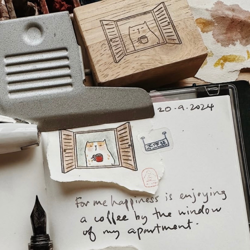Catdoo Rubber Stamp in Coffee by the Window — Catdoo rubber stamp — decorative stamp for journaling and paper craft, at Cityluxe Singapore