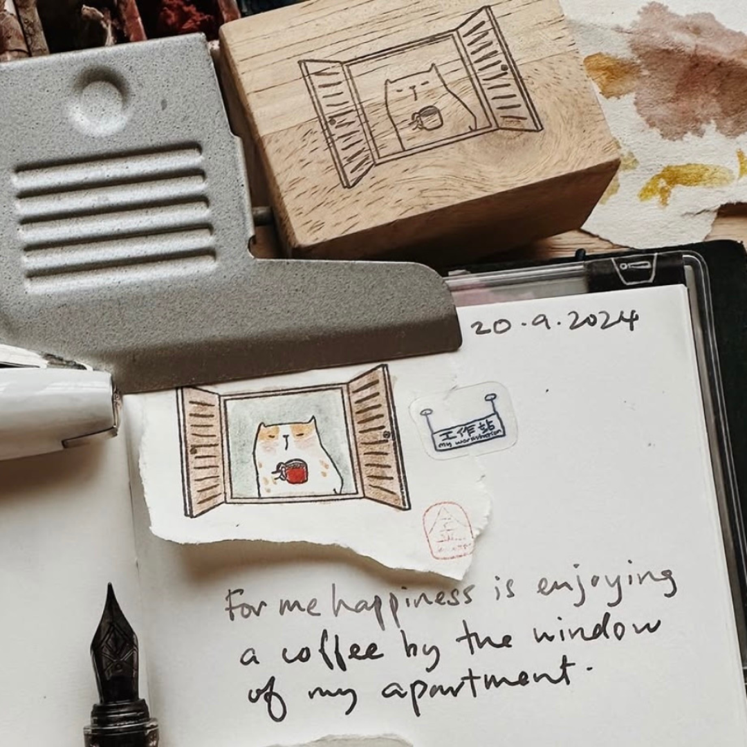 Catdoo Rubber Stamp in Coffee by the Window — Catdoo rubber stamp — decorative stamp for journaling and paper craft, at Cityluxe Singapore