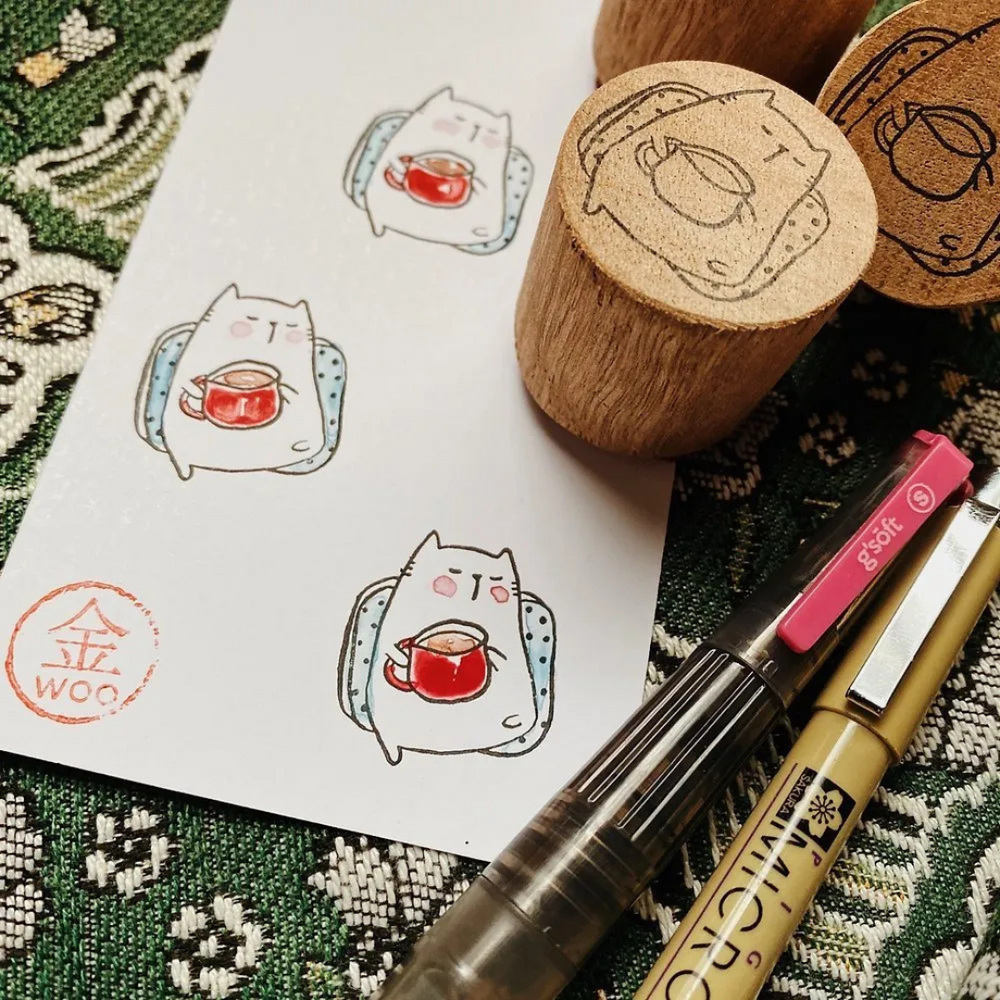 Catdoo Rubber Stamp in Coffee on my Sofa — Catdoo rubber stamp — decorative stamp for journaling and paper craft, at Cityluxe Singapore