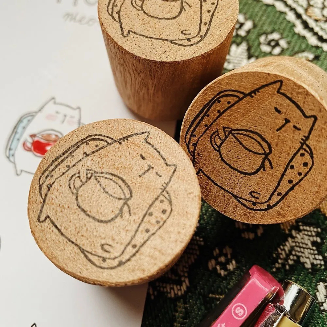 Catdoo Rubber Stamp in Coffee on my Sofa — Catdoo rubber stamp — decorative stamp for journaling and paper craft, at Cityluxe Singapore