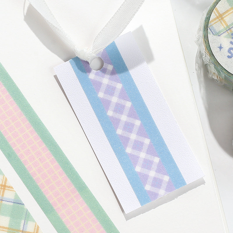BGM Kira Fuwa Sugar Masking Tape in Check Lavender — BGM masking tape — decorative paper tape for journaling and scrapbooking, at Cityluxe Singapore