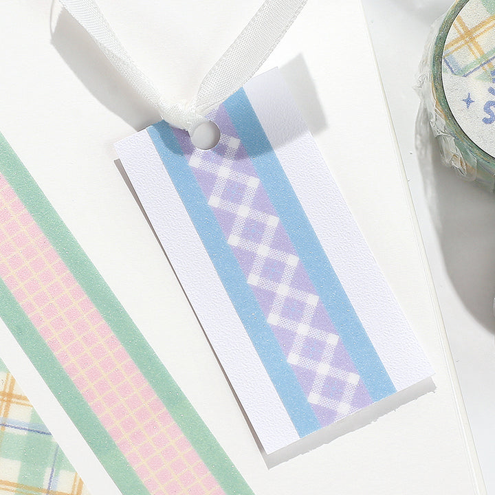 BGM Kira Fuwa Sugar Masking Tape in Check Lavender — BGM masking tape — decorative paper tape for journaling and scrapbooking, at Cityluxe Singapore