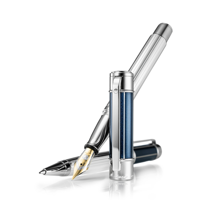 Waldmann Commander 23 Fountain Pen - Dark Blue Medium Steel Nib — uncapped with cap posted