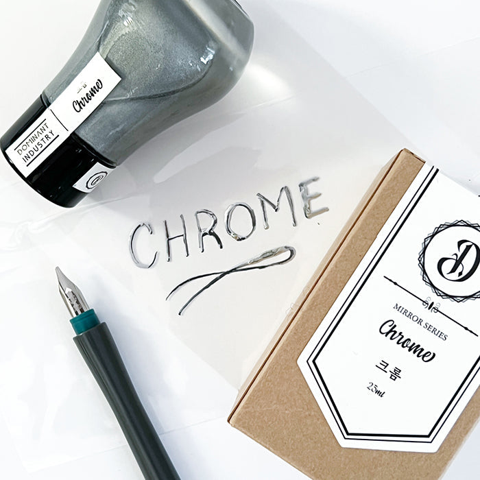 Dominant Industry Mirror 25ml Ink Bottle (for Dip Pen) in Chrome — Dominant Industry fountain pen ink — premium bottled ink for writing, at Cityluxe Singapore