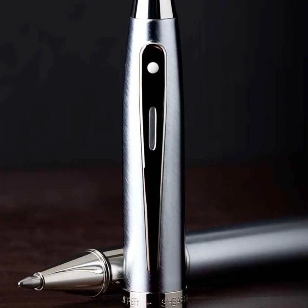 Sheaffer 100 E9306 Brushed Chrome With Chrome Plated Trims Rollerball Pen (WW30) — Sheaffer rollerball pen — fluid gel ink writing instrument, at Cityluxe Singapore