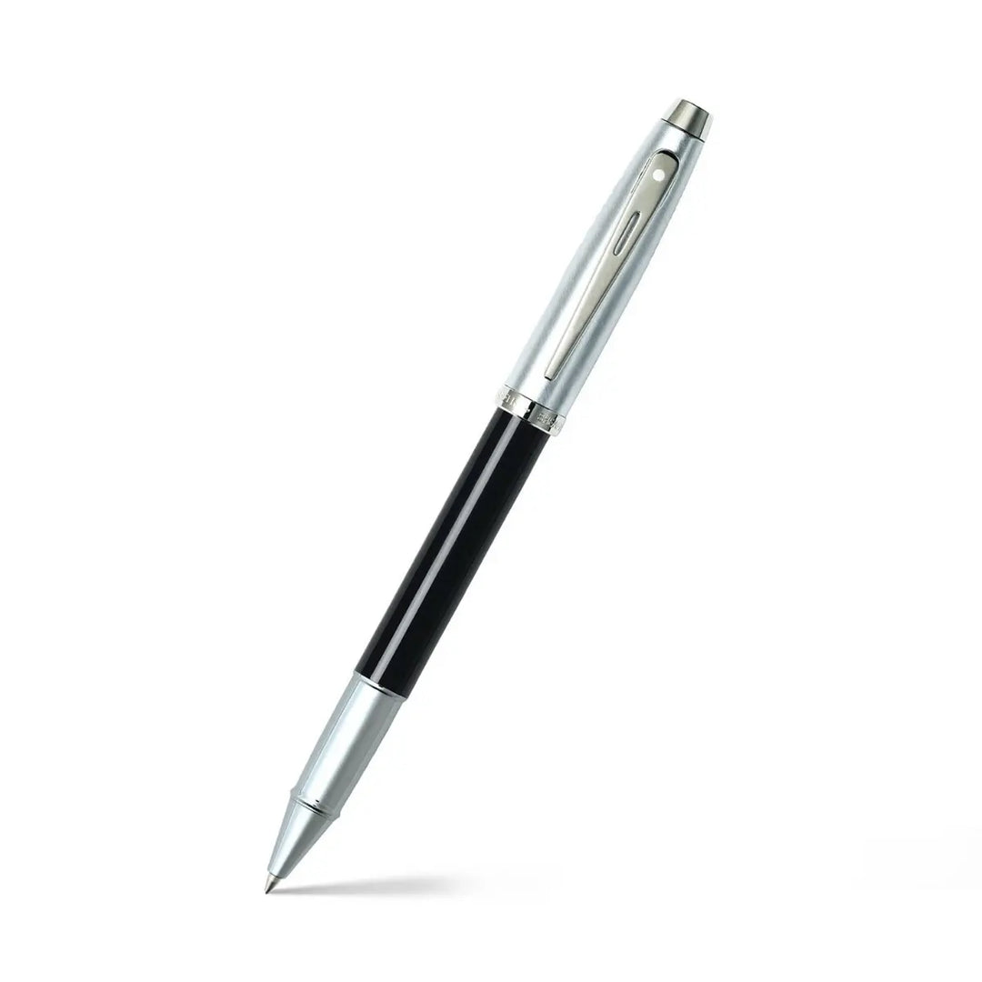 Sheaffer 100 E9313 Glossy Black Barrel Brushed Chrome Cap Rollerball Pen (WW30) — Sheaffer rollerball pen — fluid gel ink writing instrument, at Cityluxe Singapore