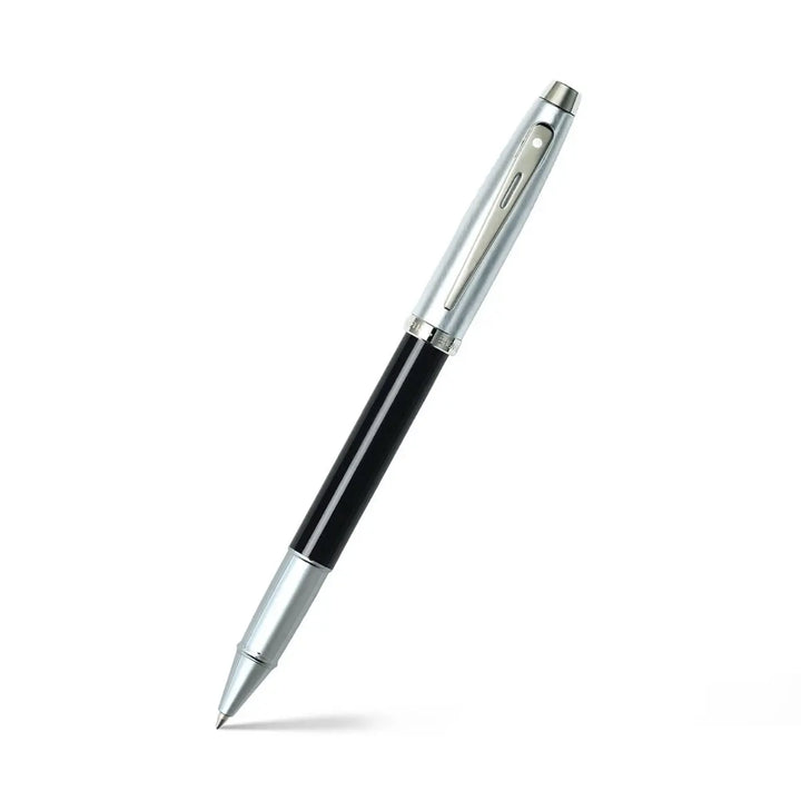 Sheaffer 100 E9313 Glossy Black Barrel Brushed Chrome Cap Rollerball Pen (WW30) — Sheaffer rollerball pen — fluid gel ink writing instrument, at Cityluxe Singapore