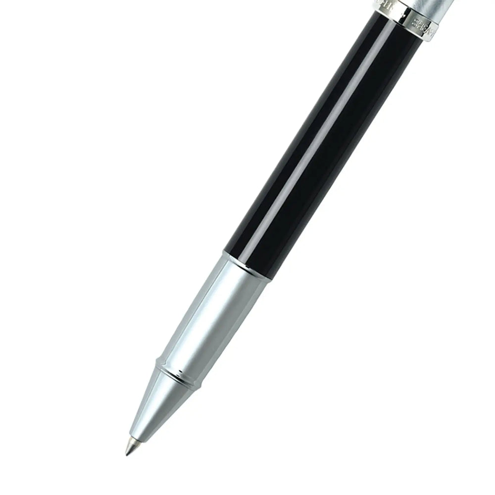 Sheaffer 100 E9313 Glossy Black Barrel Brushed Chrome Cap Rollerball Pen (WW30) — Sheaffer rollerball pen — fluid gel ink writing instrument, at Cityluxe Singapore