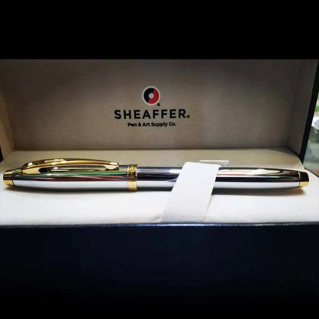 Sheaffer 100 E9340 Bright Chrome With Gold Trims Rollerball Pen (WW30) — Sheaffer rollerball pen — fluid gel ink writing instrument, at Cityluxe Singapore