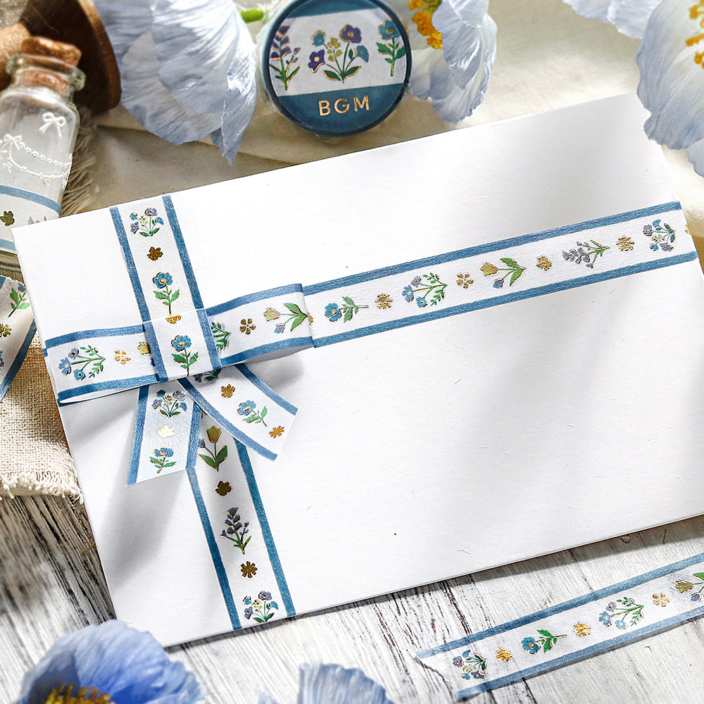BGM Foil Stamping Masking Tape in Flower Ribbon — BGM washi tape — decorative Japanese paper tape for journaling and craft, at Cityluxe Singapore