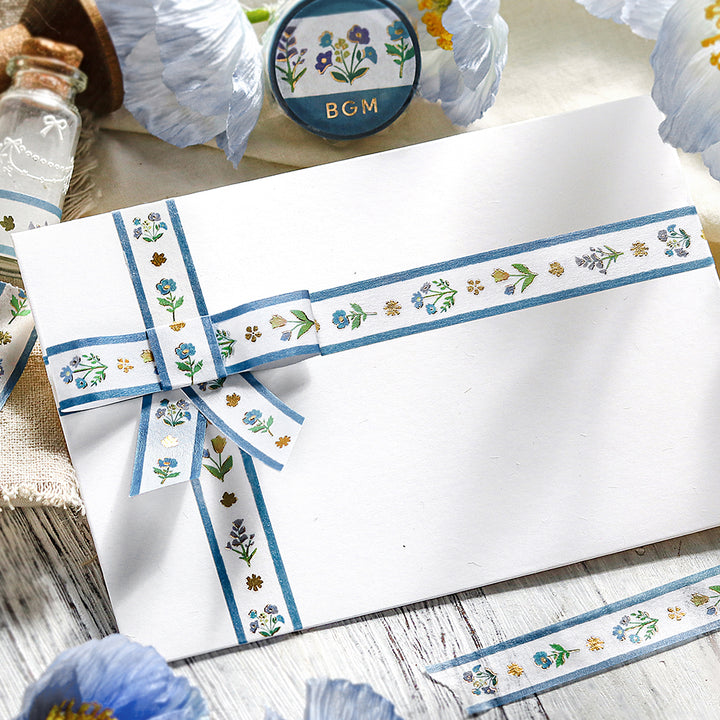 BGM Foil Stamping Masking Tape in Flower Ribbon — BGM washi tape — decorative Japanese paper tape for journaling and craft, at Cityluxe Singapore