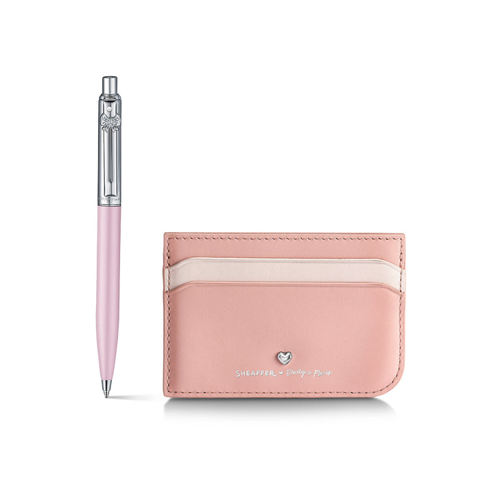 Sheaffer Gift Set ft. Emily in Paris Sentinel 321 Pink Matte Finish Ballpoint Pen with Chrome Trims and Full-Grain Leather Credit Card Holder
