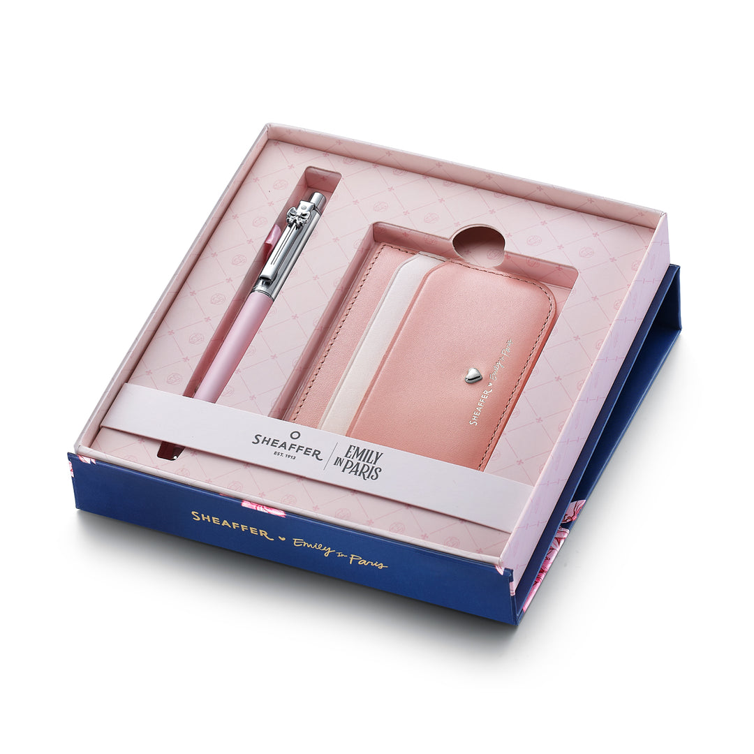 Sheaffer Gift Set ft. Emily in Paris Sentinel 321 Pink Matte Finish Ballpoint Pen with Chrome Trims and Full-Grain Leather Credit Card Holder