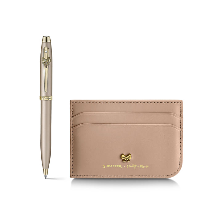 Sheaffer Gift Set ft. 100 Emily in Paris 9377 Champagne Gold Ballpoint Pen with Champagne Gold Trims and Full-Grain Credit Card Holder