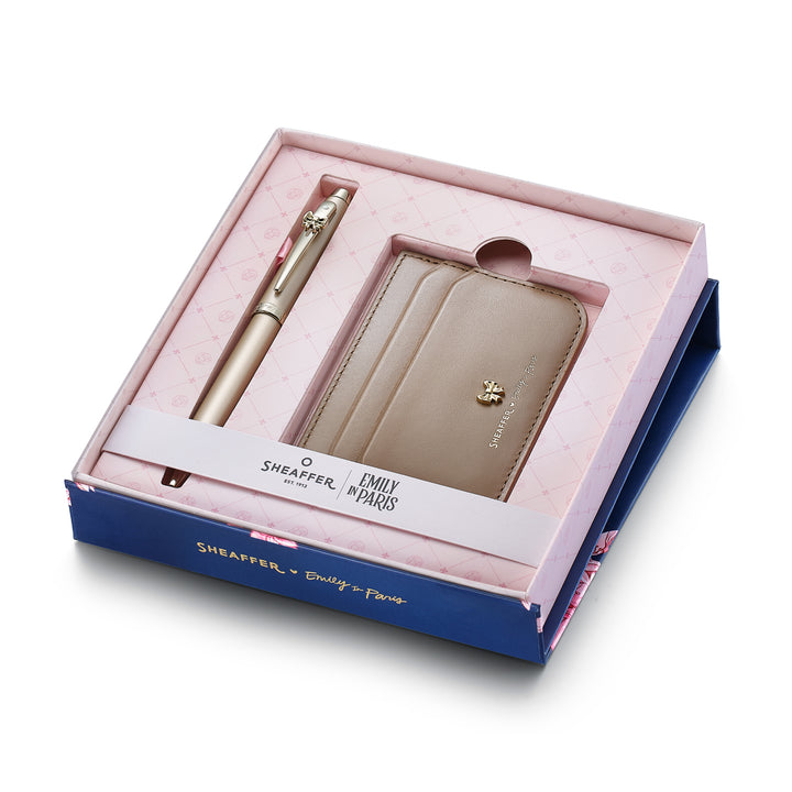 Sheaffer Gift Set ft. 100 Emily in Paris 9377 Champagne Gold Ballpoint Pen with Champagne Gold Trims and Full-Grain Credit Card Holder