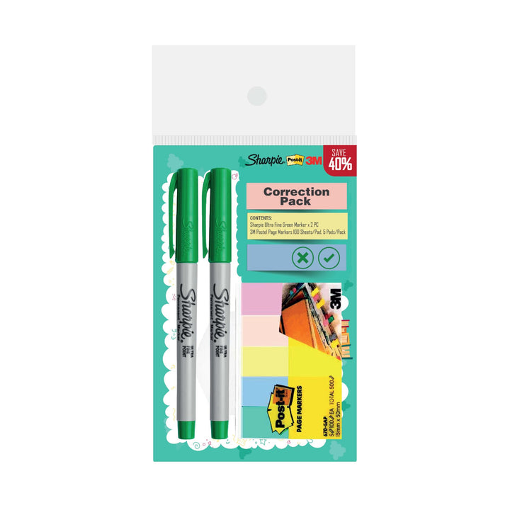 Sharpie Ultra Fine Green Marker 2s &amp; Post-it Page Marker 5 Pads 15mm x 50mm | Sharpie X 3M Correction Pack | — Sharpie marker — premium stationery and lifestyle, at Cityluxe Singapore