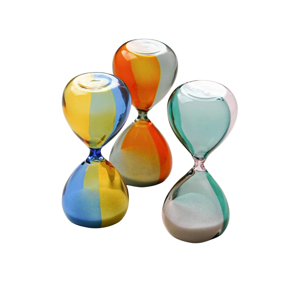 Bicolor Hightide hourglass in yellow and light blue glass with white sand, small 5-minute timer.