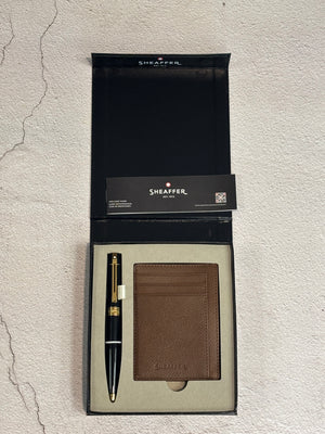 Sheaffer 300 E9325 Rollerball Pen Gift Set - Glossy Black with Gold-tone Trims with Card Case Bundle