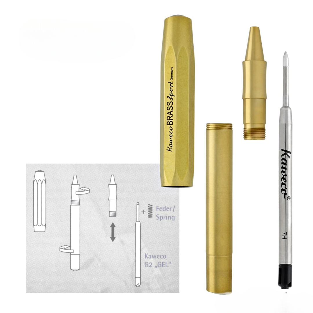 Kaweco Brass Sport Gel Rollerball Pen — flat lay