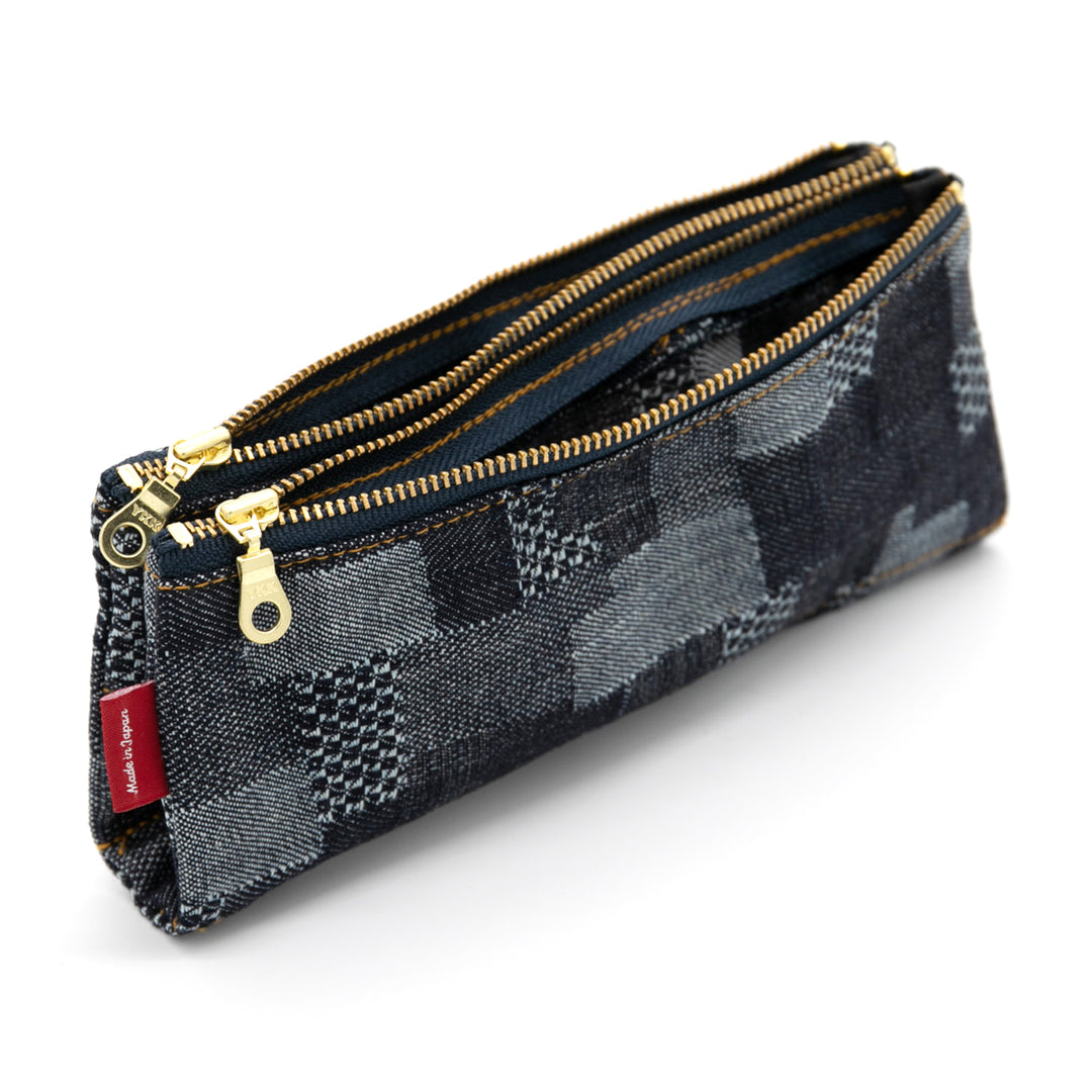 Luddite Authentic Denim Folding Pen Case - Patchwork — writing at an angle